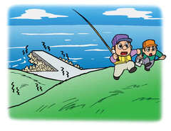 イラスト：海岸から避難している釣り人