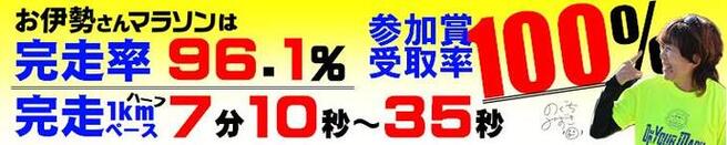 完走率96.1%、参加賞受取率100%、ハーフ完走ペース1Km7分10~35秒と記載した申込ページへのバナー