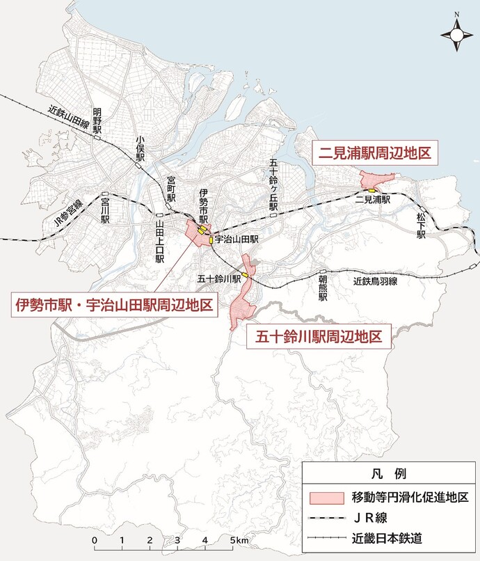 画像：移動等円滑化促進地区として位置づけた3つの地区の位置を示しています