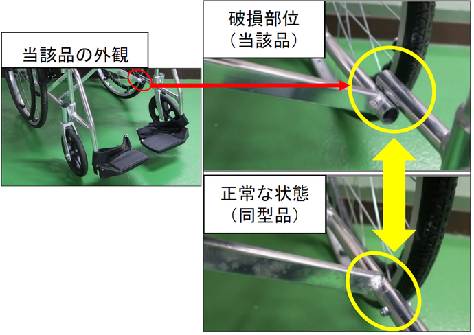 車いす使用中に破損した写真と正常な写真を掲示