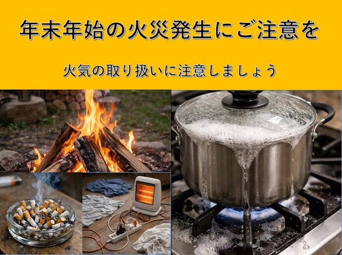 焚火、たばこの入った灰皿、タコ足配線のストーブ、鍋の吹きこぼれ