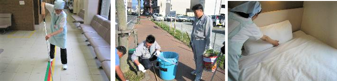 写真：清掃作業・屋外清掃・ベッドメイキングの様子