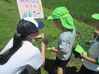 高校生にシールを貼ってもらう園児の写真1