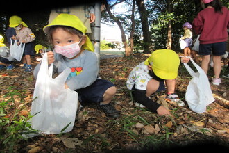 写真：どんぐり拾いを楽しむばなな組の子ども達