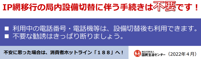 IP網移行の局内設備切替に伴う手続きは不要です。