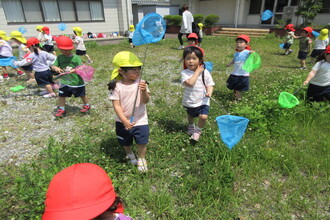 園庭で虫捕りをする年少さん