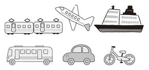 旅行手段（電車、飛行機、船、バス、自動車、自転車）のイメージイラスト