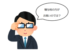 イラスト：メガネをかけていて「贈与税の方が高いのでは？」と言っている怪しい男性