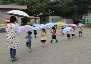 もも組さん傘を差して園庭を歩いています