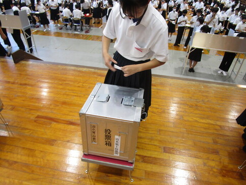 記載台で投票用紙に記入後、投票箱に投函する写真