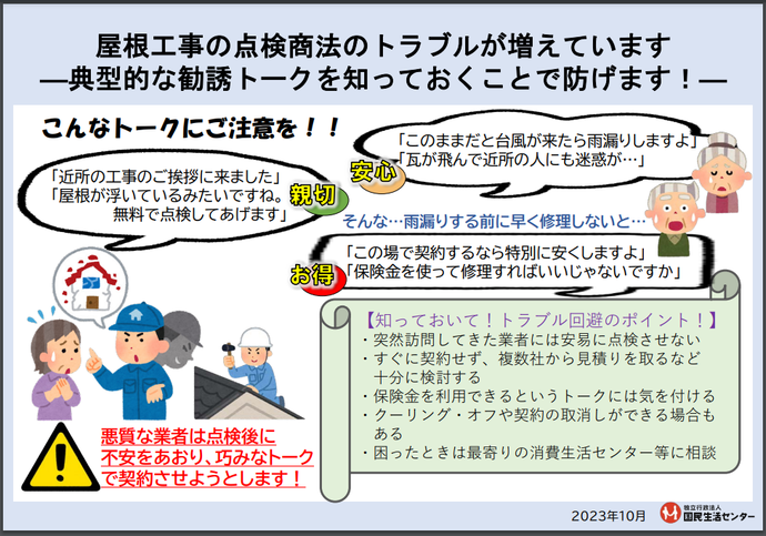 チラシ：屋根工事の点検商法のトラブルが増えています