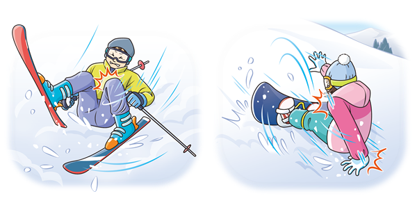 イラスト：転倒するスキーヤーとスノーボーダー