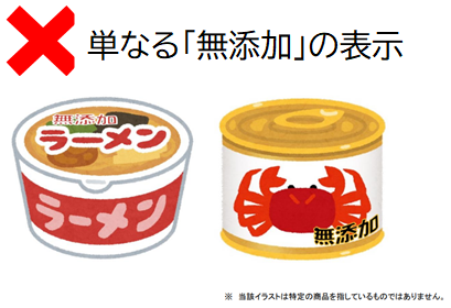 単なる「無添加」の表示の例：無添加ラーメン、無添加のカニ缶