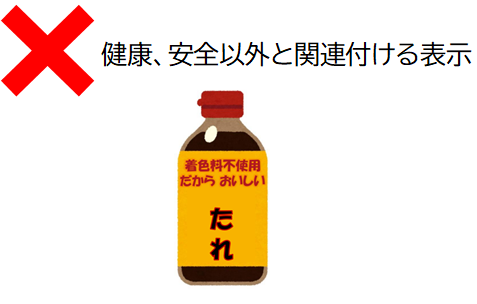 健康、安全以外と関連付ける表示の例：「着色料不使用だからおいしい」という、たれの表示