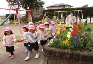 きれいな花をいっぱい見つけて電車ごっこ