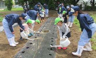 種蒔きを終えて、水やりをしているところ