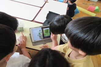タブレットでアオムシについて調べている園児