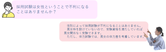質問「採用試験は女性ということで不利になることはありませんか。」答え「性別によって採用試験が不利になることはありません。男女枠を設けていないので、受験資格を満たしていれば男女関係なく受験できます。ただし、体力試験では、男女の体力差を考慮しています。」