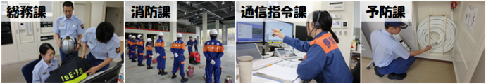 消防本部総務課、消防課、通信指令課、予防課の仕事紹介の写真