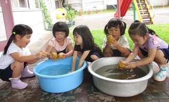もも組さんがじゃがいもを洗っています