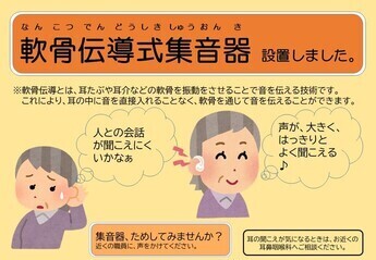 窓口用ポスター：軟骨伝導とは、耳たぶや耳介などの軟骨を振動させることで音を伝える技術です。これにより、耳の中に音を直接入れることなく、軟骨を通じて音を伝えることができます。