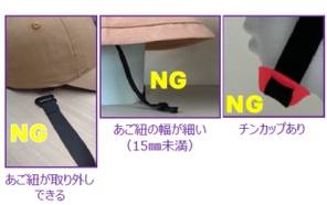 あごひもの幅が15mm未満のものやチンカップ（あご受け）付きのもの