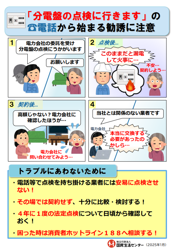 「分電盤の点検に行きます」の電話から始まる勧誘に注意