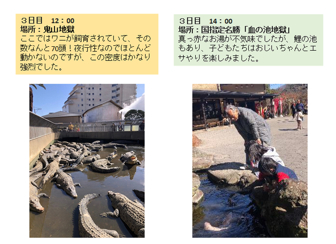 3日目、鬼山地獄の写真。この場所ではワニが飼育されていて、その数なんと70頭。夜行性なのでほとんど動かないのですが、この密度はかなり強烈でした。3日目国指定名勝、血の池地獄。真っ赤なお湯が不気味でしたが、鯉の池もあり、子供たちはおじいちゃんとエサやりを楽しみました。