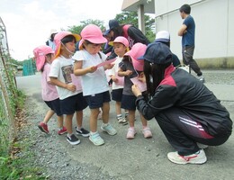 3歳児が高校にシールを貼ってもらっているところ