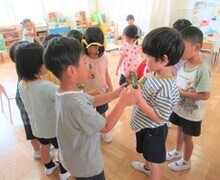 収穫したきゅうりを4歳児に見せているところ