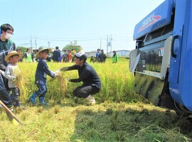 高校の先生に稲を運んで渡しているところ