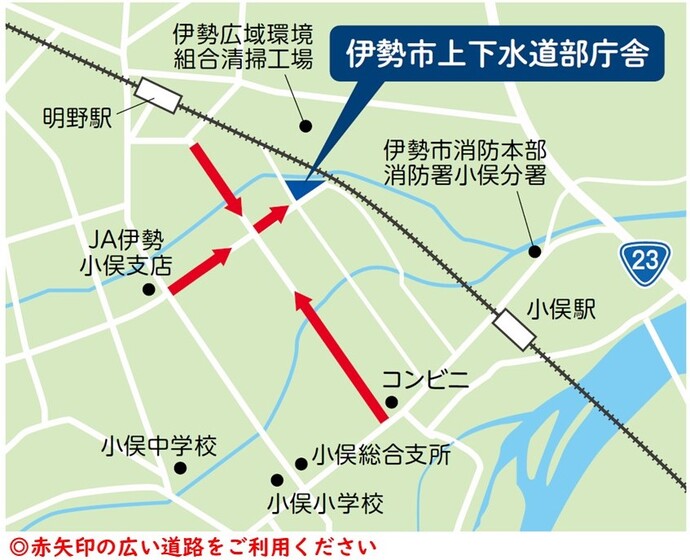 来庁は赤矢印の広い道をご利用ください