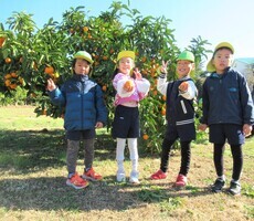 5歳児がみかんを持って記念撮影