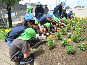 高校生と一緒に花壇に鼻を植えているところ