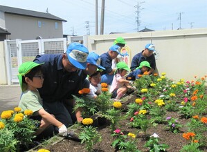 5歳児が花を植えているところ
