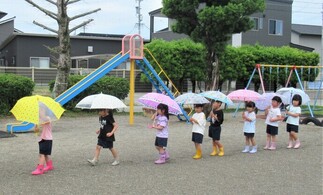 4歳児が傘を差して歩いているところ