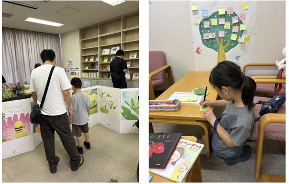 写真2枚（左：大型絵本の展示、右：絵本の感想を書く様子）