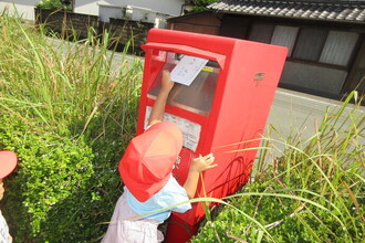 ポストに手紙を入れる年少児