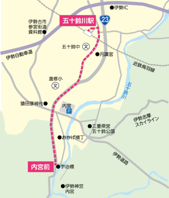 五十鈴川駅から内宮前までの運行ルートの地図